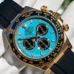 Rolex Daytona 126518LN Yellow Gold Oysterflex Turquoise Dial Close View